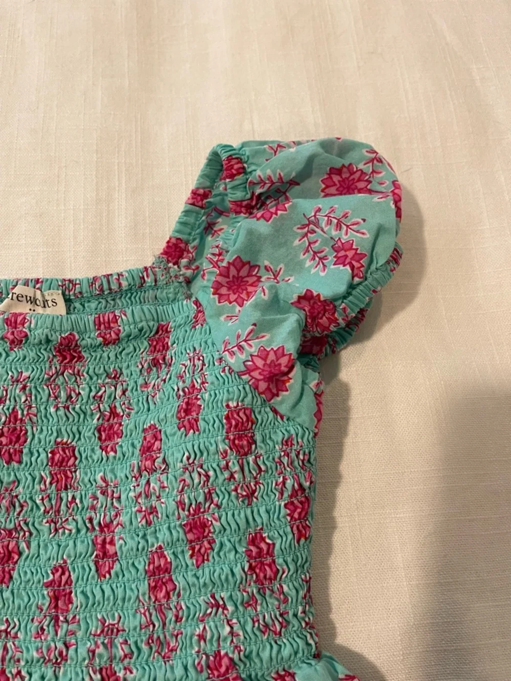 Crewcuts Turquoise Dress with Pink Floral Print and Puff Sleeves